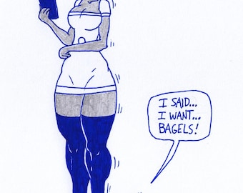 I Need Bagels!  Sue Z. June & Foamy The Squirrel : One of a Kind Original Blue Ink Comic Strip Artwork by J.i.M.