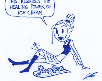 Healing Ice Cream Germaine (Foamy The Squirrel) : One of a Kind Original Blue Ink Comic Strip Artwork by J.i.M.
