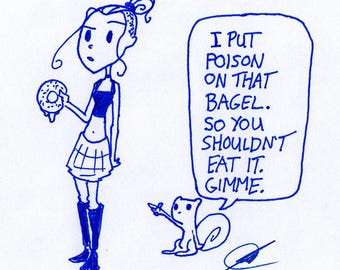 Poison Bagel Germaine & Foamy The Squirrel : One of a Kind Original Blue Ink Comic Strip Artwork by J.i.M.