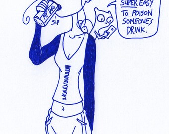 Poison Drinks. Germaine & Foamy The Squirrel : One of a Kind Original Blue Ink Comic Strip Artwork by J.i.M.