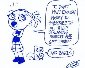 Candy and Bagels Chibi Foamy and Foamy The Squirrel : One of a Kind Original Blue Ink Comic Strip Artwork by J.i.M.