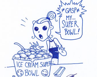 Super Bowl of Ice Cream. Foamy the Squirrel & Germaine : One of a Kind Original Blue Ink Comic Strip Artwork by J.i.M.