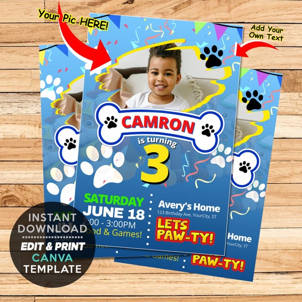 Kids Birthday invitation Template Paw Flyer - Canva Template - Customizable Patrol Birthday Theme