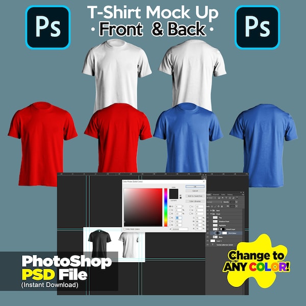 Tshirt Mockup Front and Back (Hi-Res) Change to any Color - Realistic [Adobe PSD File]