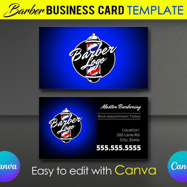 Barber Business Card Template (edit with Canva) - Barber Shop Design - Customizable