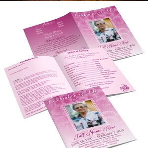 May include: A pink and white funeral program template with a photo of a woman. The template includes the text "Celebration of Life for" and "Full Name Here". The program also includes the dates of birth and death, the date and time of the funeral service, and the names of the officiant and pastor.