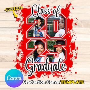 Red Class of 2025 Sublimation design, Canva Template DIY, add pictures inside numbers, DTG PNG Graduation Senior