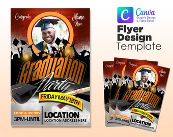 Op de afbeelding: Een flyer-ontwerp sjabloon voor een afstudeerfeest met een foto van een lachende afgestudeerde. Het ontwerp bevat de woorden "Graduation Party", de datum, tijd en locatie. Het Canva-logo is zichtbaar.