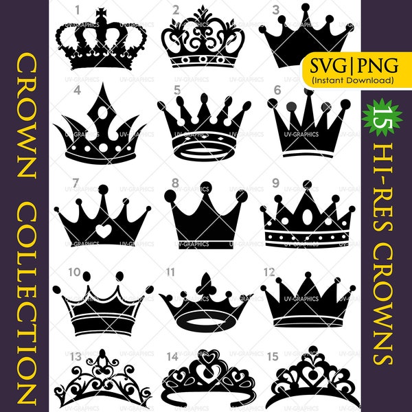 Crown Collection, 15 Hi-Res Crowns, SVG | PNG [Instant Download]
