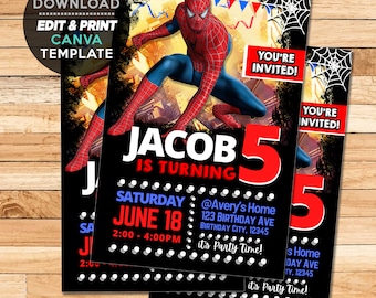 Spider Birthday Party Invitation, Flyer, Spider man Template, Digital invite, Boy birthday, Easy to edit in Canva