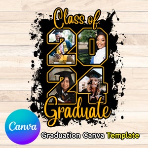 black & gold Class of 2024 Sublimation design, Canva Template DIY, add pictures inside numbers PNG Graduation Senior [Black background only]