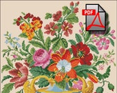 Floral cross stitch pattern flover Bouquet in glass vase berlin woolwork Digital Format PDF unique vintage victorian retro needlework chart