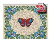 Floral butterfly cross stitch pattern flower berlin woolwork Peacock eye Digital Format PDF vintage unique victorian retro needlework chart