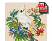 Bird cross stitch pattern Cockatoo in flowers berlin woolwork vintage unique Digital Format PDF victorian retro needlework chart wool work