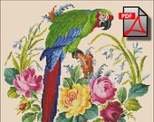 Vintage bird parrot berlin woolwork cross stitch pattern Green macaw Digital Format - PDF