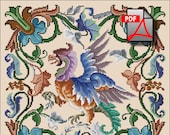 Fantasy bird cross stitch pattern berlin woolwork Griffin Digital Format PDF unique vintage victorian retro needlework chart pillow