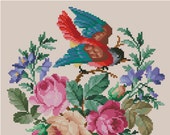 Bird cross stitch pattern Robin in roses Digital Format - PDF Vintage berlin woolwork victorian retro needlework chart