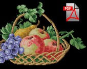 Floral fruit apples berlin woolwork cross stitch pattern Basket with fruits Digital Format PDF Vintage victorian retro needlework chart