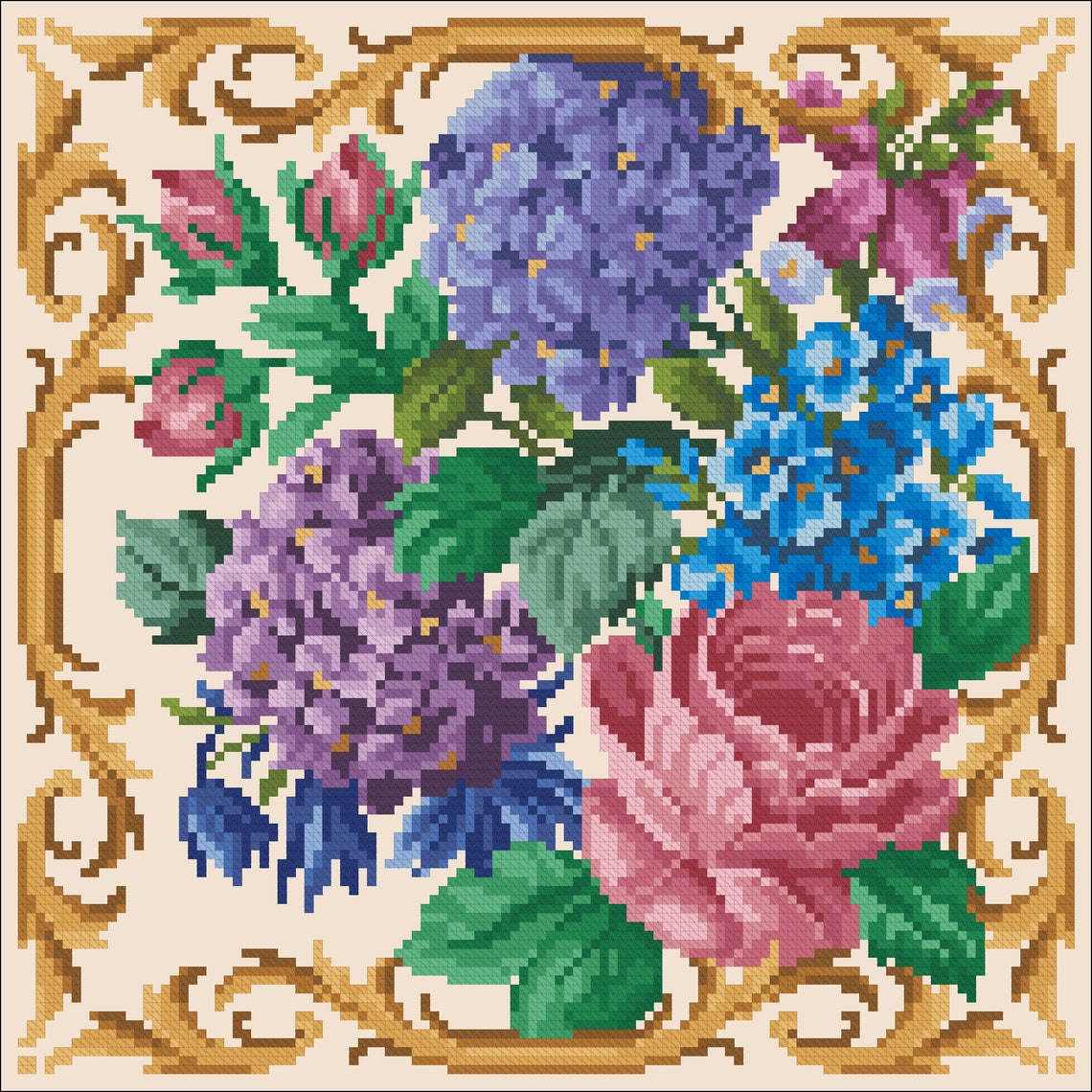 Vintage Floral Cross Stitch Pattern Berlin Woolwork Hydrangea Digital