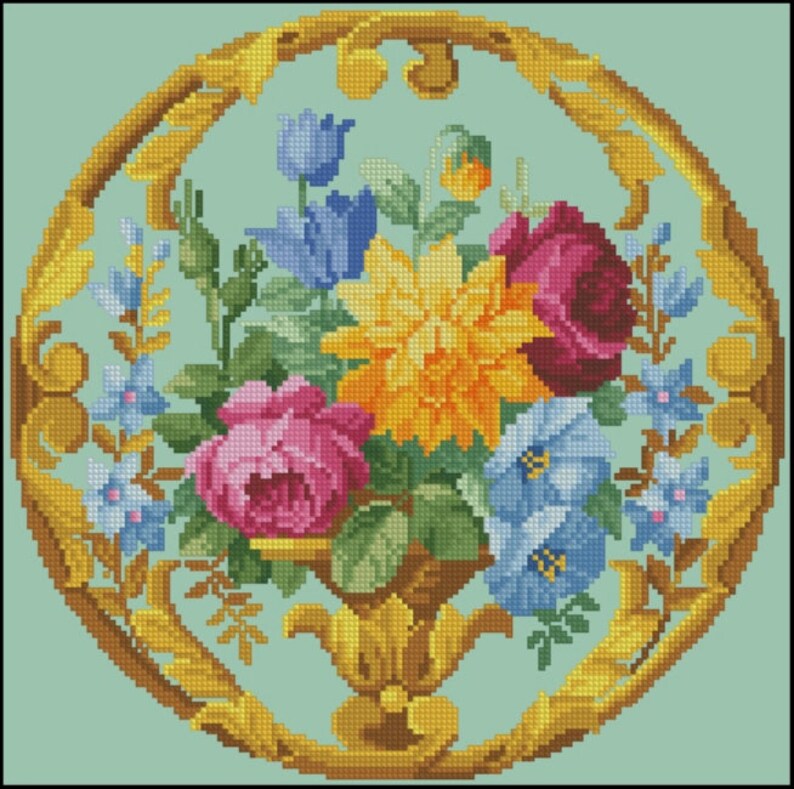 Floral Cross Stitch Pattern Bouquet Round Frame Rose Bluebell Etsy