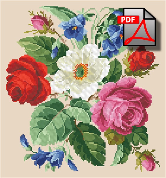 Summer Bouquet Rose Cross Stitch Pattern Handbag Antique Etsy Summer Bouquet Rose Cross Stitch Pattern Handbag Antique Etsy
