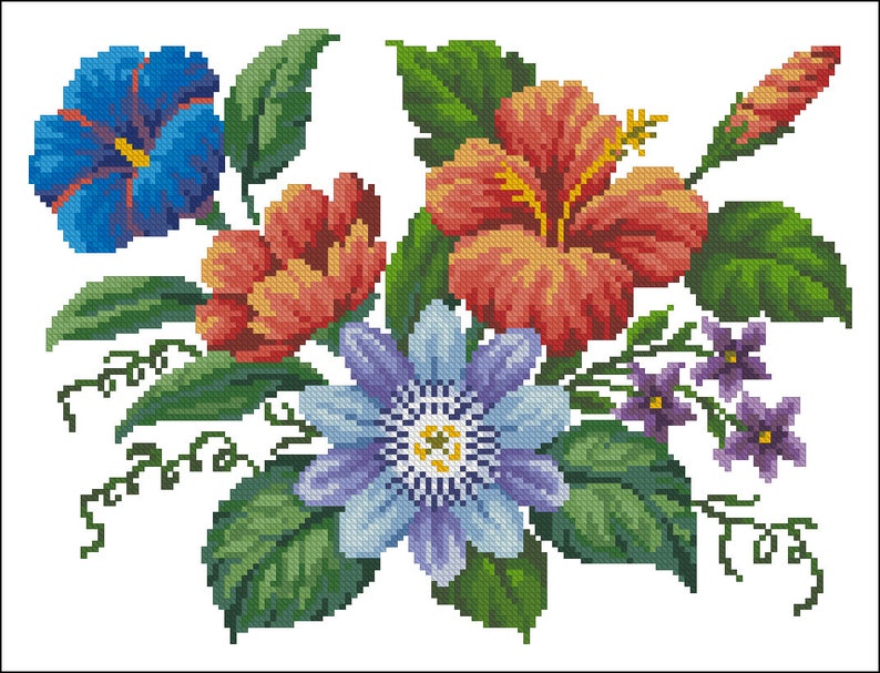 Floral cross stitch pattern Hibiscus With Passionflower Etsy