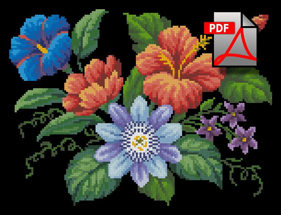 Floral cross stitch pattern Hibiscus With Passionflower Etsy