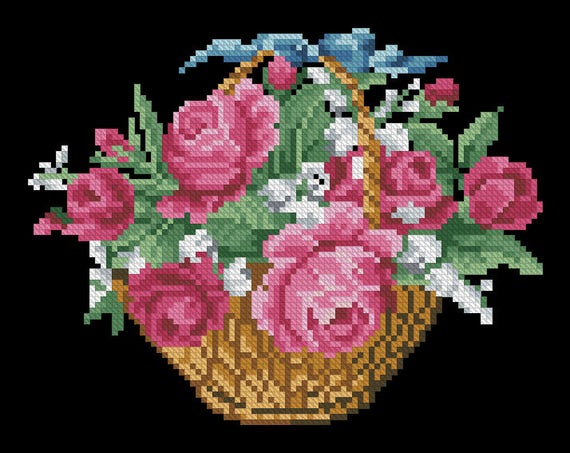 Counted Cross Stitch Patterns Basket Pink Roses Color Symbols Charts