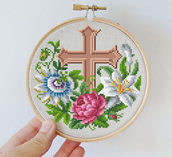 Religion Cross Stitch Hoop Pattern Cross in Flowers Berlin | Etsy