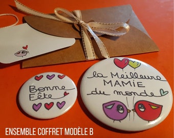 Coffret fête des grands-mères : 2 magnets (ou 1 aimant + 1 miroir) et 1 mini-carte