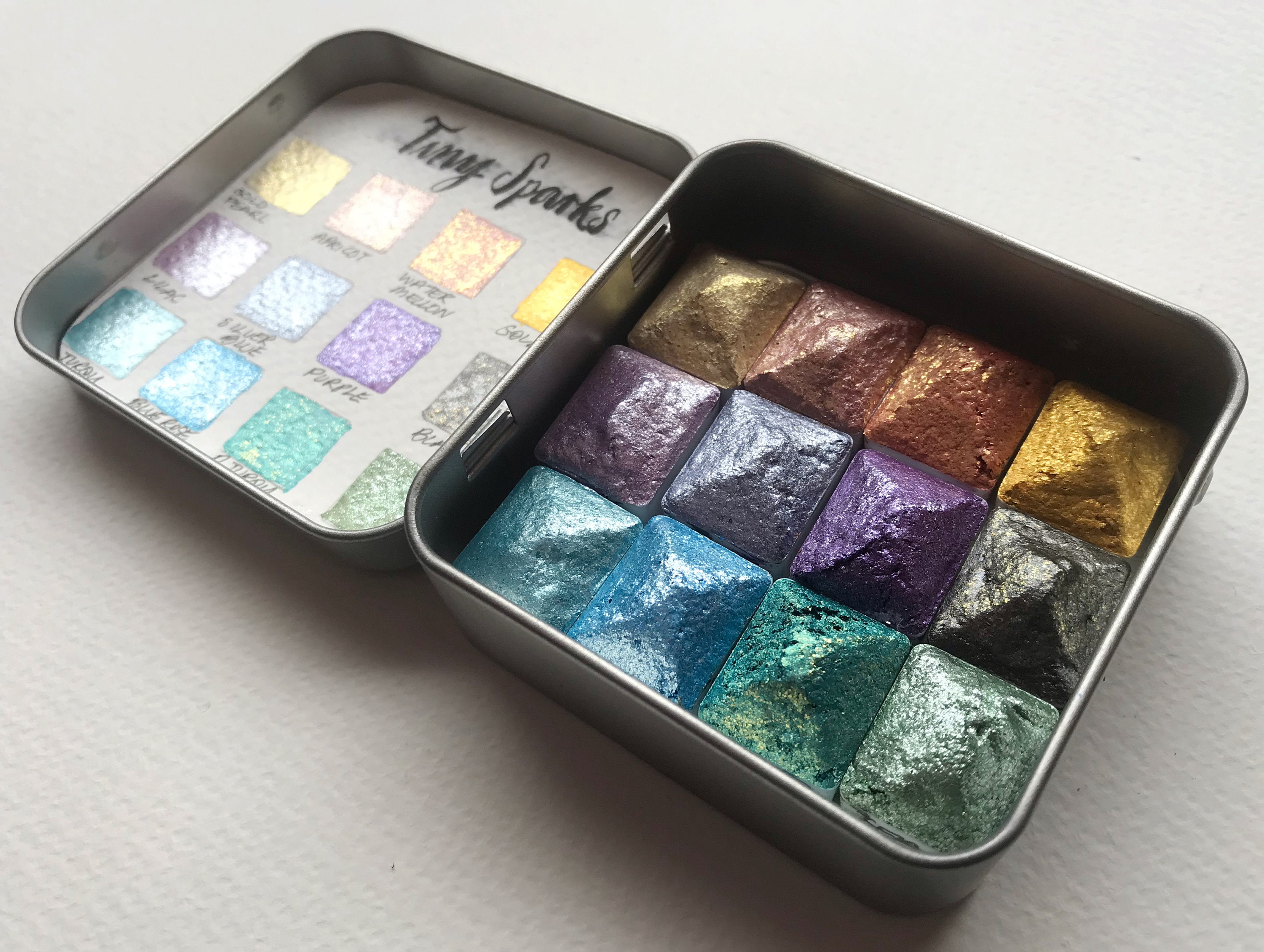 Tiny Sparks 12Half Pans . New Colours , containing Gold or Silver Sparks