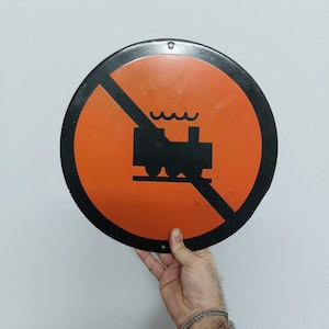 Vintage Porcelain Enameled Metal Train Sign