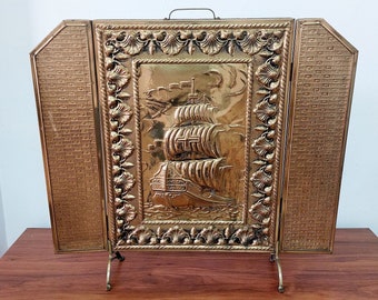 Vintage Foldable Brass Ship Fireplace Screen