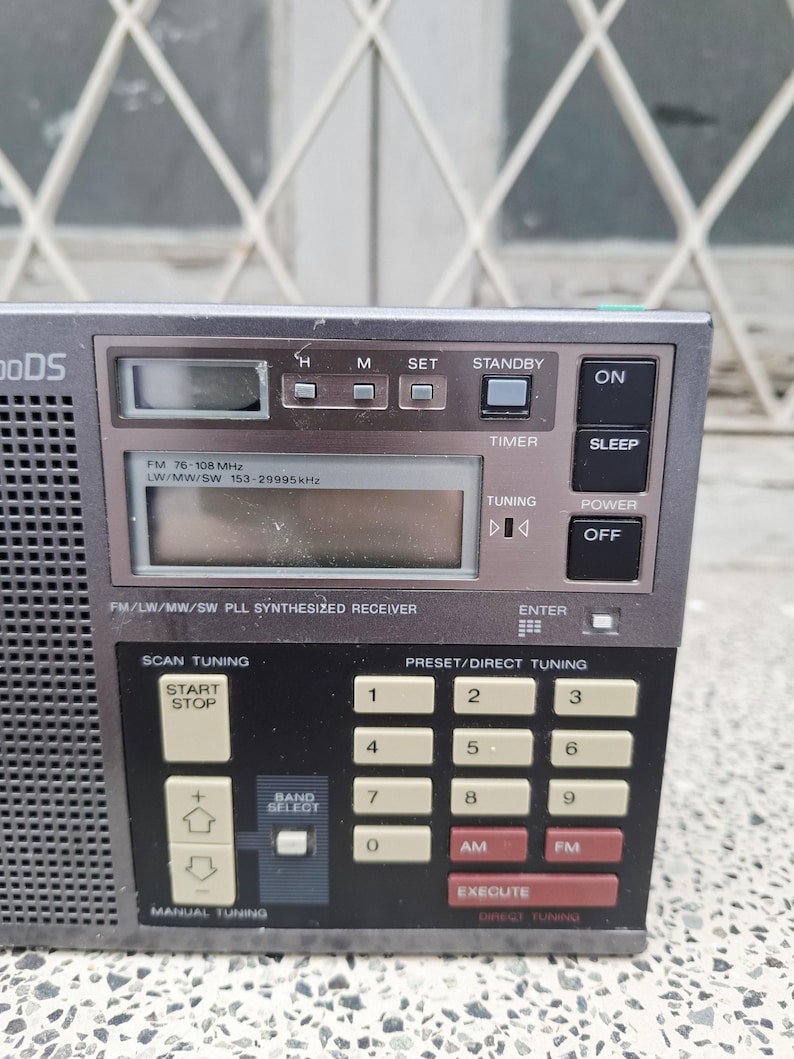 May include: A close-up of a vintage gray radio with a digital display and numerous buttons. The radio features buttons for power, tuning, and preset channels. The text on the radio includes "FM 76-108 MHz" and "FM/LW/MW/SW PLL SYNTHESIZED RECEIVER."