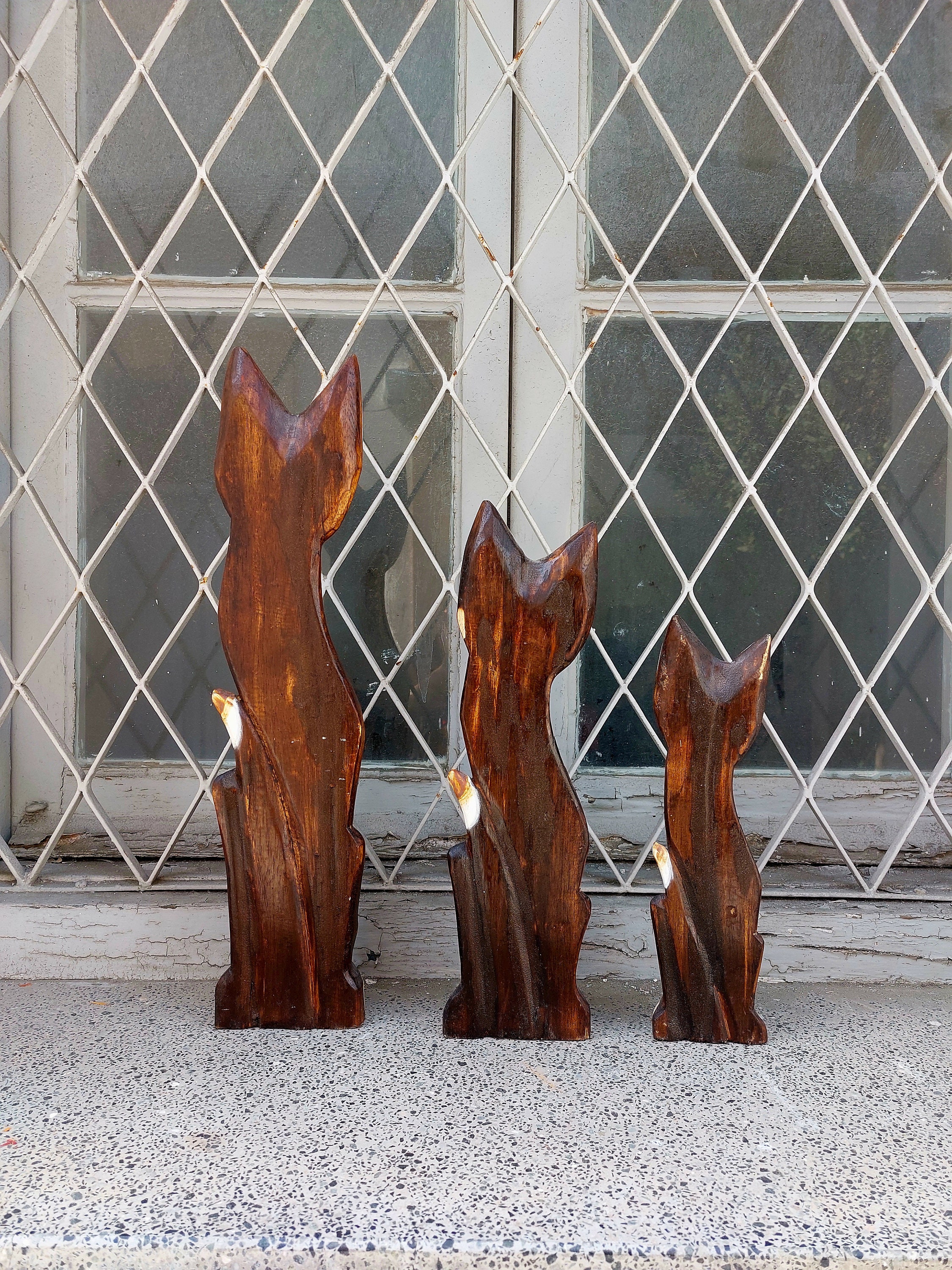 Vintage 3 Piece Handmade Wooden Cats Set - Etsy