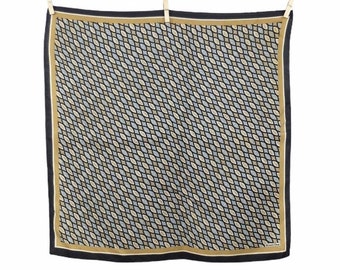 Vintage 80s Mod Bohemian Navy Blue & Gold Geometric Patterned Square Bandana Neck Tie Scarf