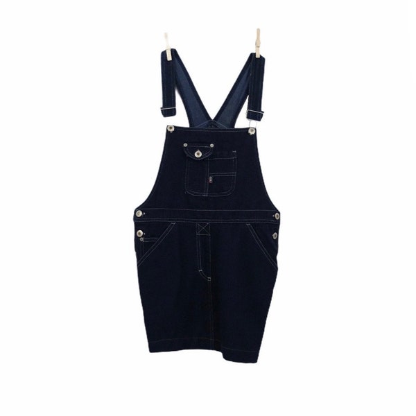 vintage années 90 Y2K Boho Utilitarian Blue Dark Wash Denim Jean Overall Dungaree Above-the-Knee Mini Dress