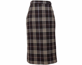 Vintage 90s Y2K Wool Schoolgirl Preppy Plaid Check Print High Waisted Pencil Midi Skirt with Back Slit | Size 14 UK, 10 US, 31.5 Inch Waist