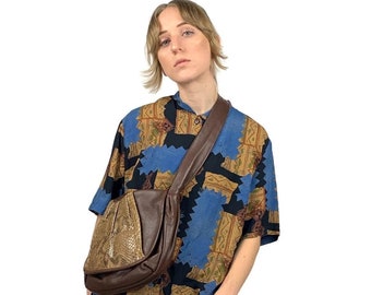 Vintage 70s Glam Rock Snakeskin Brown Leather Crossbody Messenger Bag Purse with Adjustable Strap