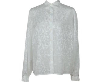 Vintage 80s Bohemian Chic White Silky Abstract Patterned Collared Long Sleeve Button Up Blouse | Size M