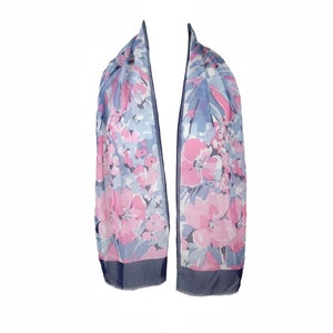 Vintage 70s Mod Bohemian Abstract Print Pink & Blue Floral Long Neck Hair Tie Scarf