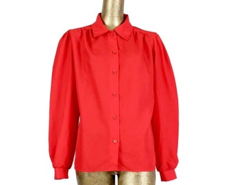 Vintage 70s Mod Style Red Puff Sleeve Collared Button Up Disco Shirt Blouse