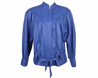 Vintage 80s Mod Purple Blue Mockneck Moto Belted Zip Up Leather Jacket