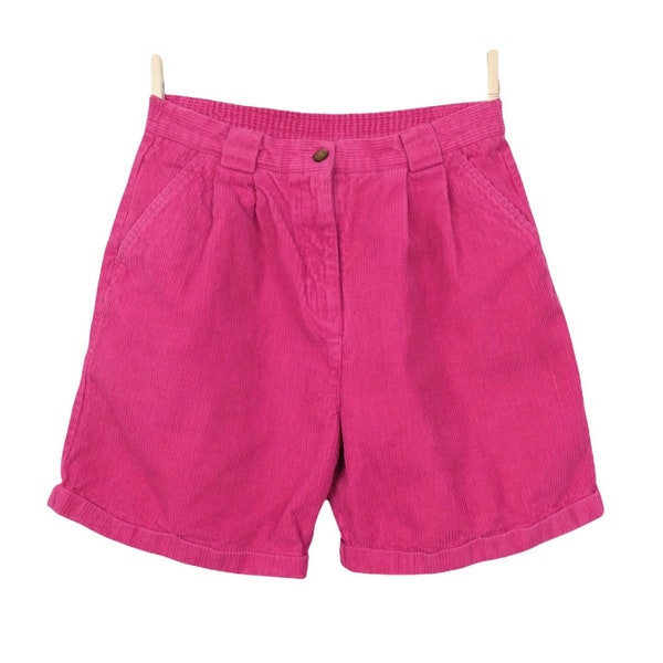 Vintage 80er Boho Cord Velour Magenta Pink High Waisted Bermuda Shorts | Größe XS | 25 Zoll Taille