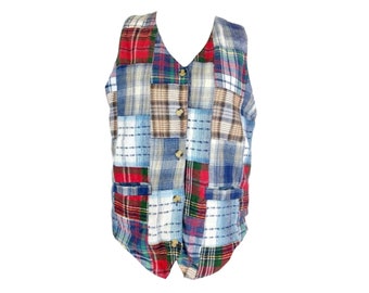 Vintage 80s Bohemian Outdoor Folk Multicolour Check Button Up Vest | Women’s Size Medium | M