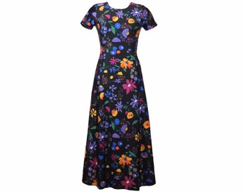 Vintage 70s Mod Psychedelic Prairie Black Multicoloured Floral Short Sleeve Fit and Flare Maxi Dress with Bow Tie | Size Medium | M