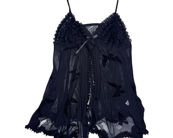 Vintage 2000s Black Butterfly Ruffled Mesh Sleeveless Lingerie Cami Tank Top Tunic with Front Cutout & Bow | Size L