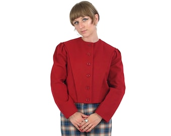 Vintage 80s Mod Basic Red Wool Structured Boxy Button Down Puff Sleeve Blazer Jacket with Padded Shoulders