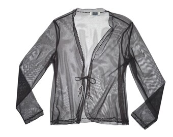 Vintage 2000s KRIZIA Brown Long Sleeve Mesh Cardigan Top with Beaded Tie | Size L