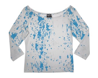 Vintage 2000s KRIZIA White & Blue Abstract Patterned 3/4 Sleeve Top | Size S-M